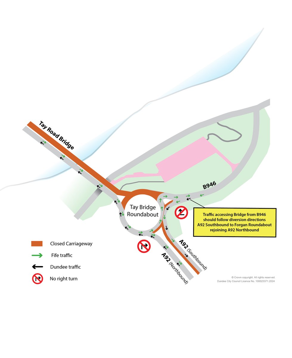 tay_road_bridge's tweet photo. From 12 - 20 Feb lane restrictions will be in place at the Fife r'bout. This is to allow us to adapt it and the B946 splitter island to allow easier bridge access during the major works contraflow that starts in March (see pic of March traffic arrangement). @trafficscotland https://t.co/FFsz7XdSnD