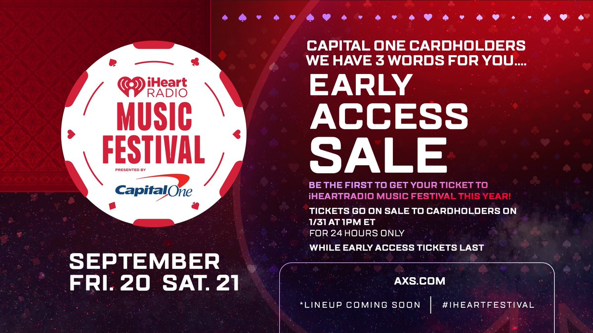 Calling all @CapitalOne cardholders! Secure your #iHeartFestival tickets before anyone else on January 31st with the EARLY ACCESS SALE! 👏❤️ More info: iHeartRadio.com/Festival