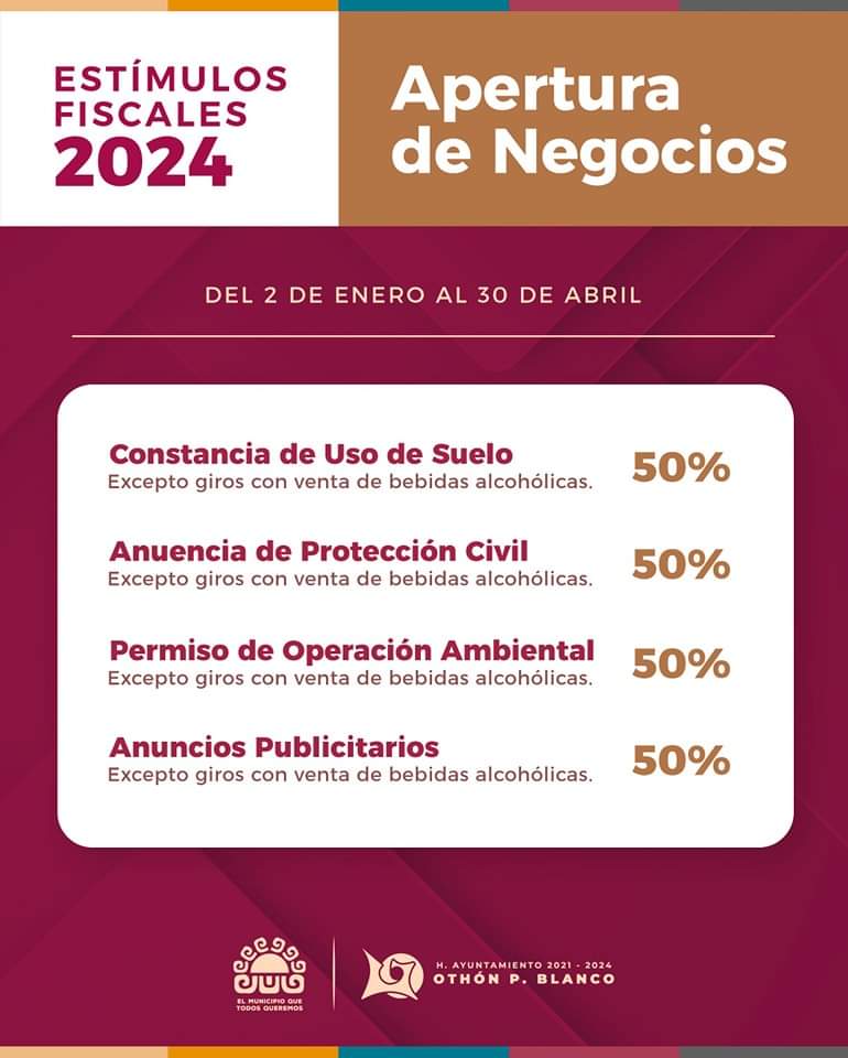 ED_QROO's tweet photo. ¡Conoce los estímulos fiscales 2024 que ofrece el Ayuntamiento de Othón P. Blanco! Consulta los descuentos en cualquiera de los trámites que te presentamos en la siguiente publicación 👇🏻. #ElMunicipioQueTodosQueremos #TransformandoOPB 📍 https://t.co/pe5Be5RIDu