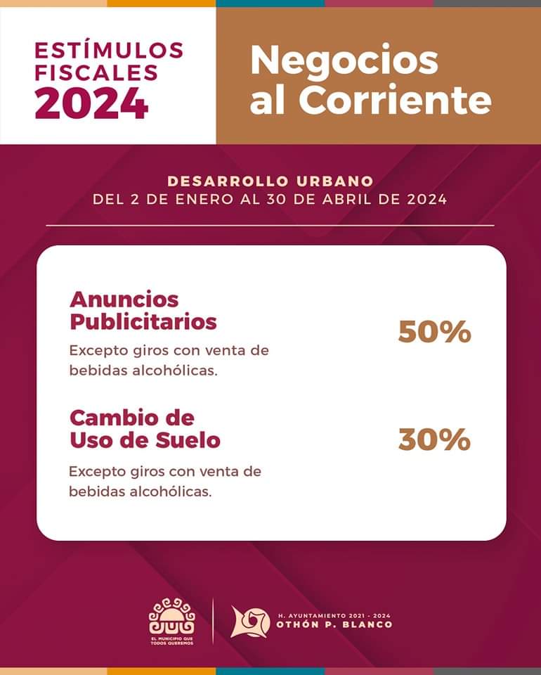 ED_QROO's tweet photo. ¡Conoce los estímulos fiscales 2024 que ofrece el Ayuntamiento de Othón P. Blanco! Consulta los descuentos en cualquiera de los trámites que te presentamos en la siguiente publicación 👇🏻. #ElMunicipioQueTodosQueremos #TransformandoOPB 📍 https://t.co/pe5Be5RIDu