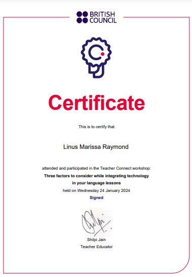 Linus Raymond (@linusraymond6) on Twitter photo I am excited to share my certificate after attending the <a href="/inBritish/">British Council in India</a> workshop on 'Integrating technology in language lessons'. The workshop provided valuable insights into the latest trends and best practices for incorporating technology into language teaching. #techintegration I am excited to share my certificate after attending the <a href="/inBritish/">British Council in India</a> workshop on 'Integrating technology in language lessons'. The workshop provided valuable insights into the latest trends and best practices for incorporating technology into language teaching. #techintegration