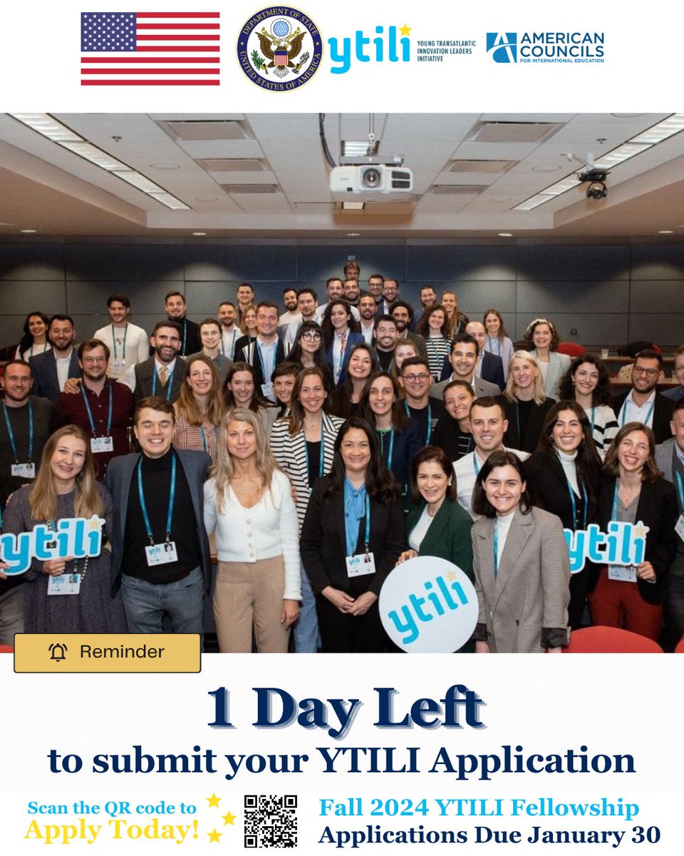 ATTENTION: 1 day left to apply to YTILI Fall 2024! Don't miss your chance to join a cohort of 50 fellows from across Europe for a fully funded professional development program in the U.S. Apply NOW and good luck!

Learn more: ytili.org

#YTILI #ExchangeOurWorld