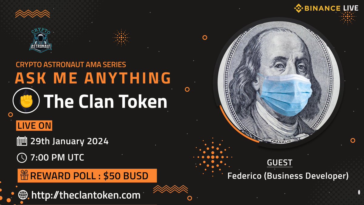 CryptoAs_TW's tweet photo. We're thrilled to announce our next #AMA with  "TheClanToken"on 29th January 2024 at 7:00 PM UTC 

🔶 𝗕𝗜𝗡𝗔𝗡𝗖𝗘 𝗟𝗜𝗩𝗘 🔶

🏠Venue: https://t.co/44RXJ0VbrP

🎁 Reward Pool: $50 BUSD

🔰Rules
Follow @CryptoAs_TW &amp; @TheClanToken

💠 Comment &amp; Like,Retweet &amp; Follow https://t.co/oNYJ8k34kY