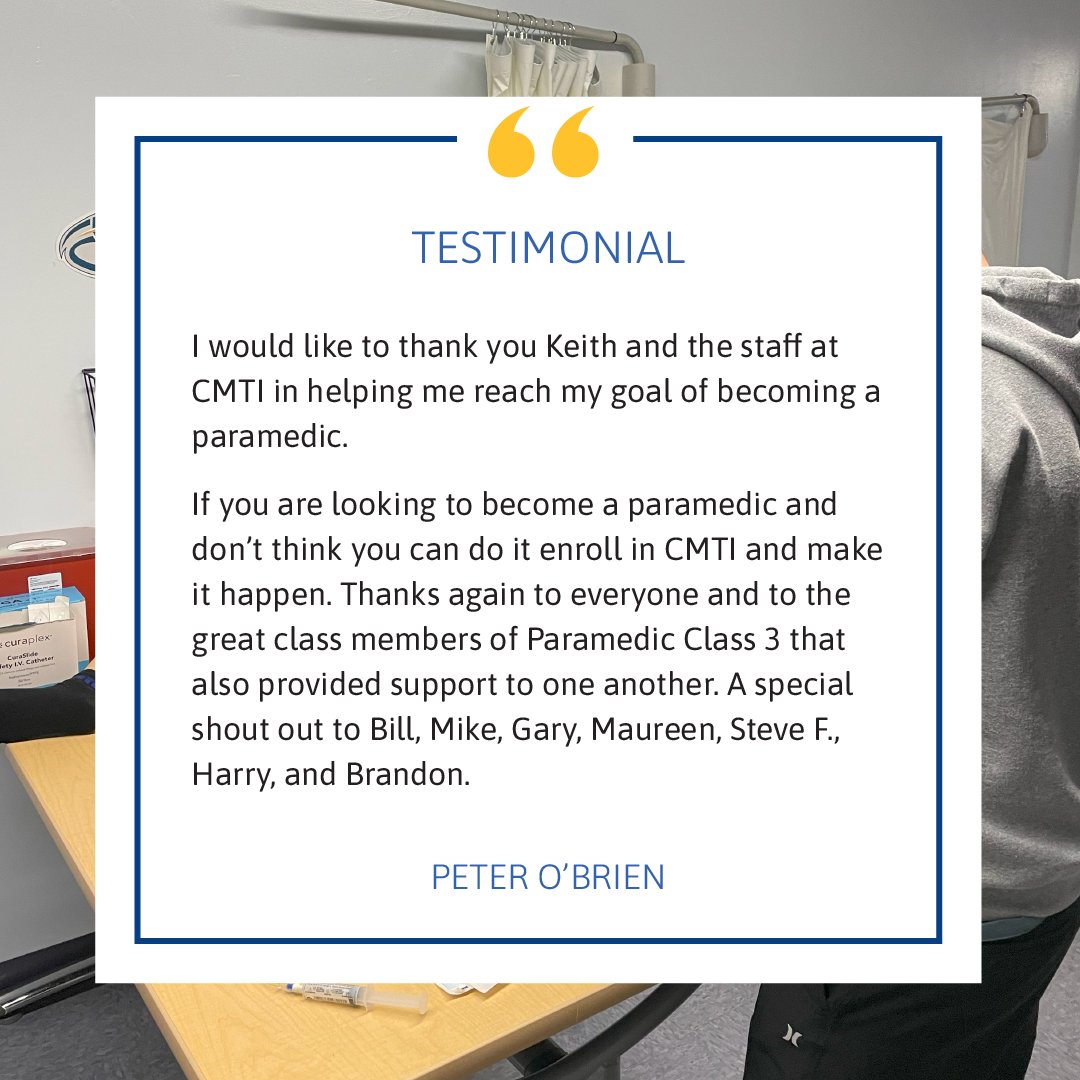 Being a CMTI student means being part of a community 🙌🏽, learning from your peers 👏🏾, and reaching your goals 🏆. We think Peter says it well!

#emt #emttraining #emstraining #cpr #cprtraining #paramedic #paramedictraining #emtlife