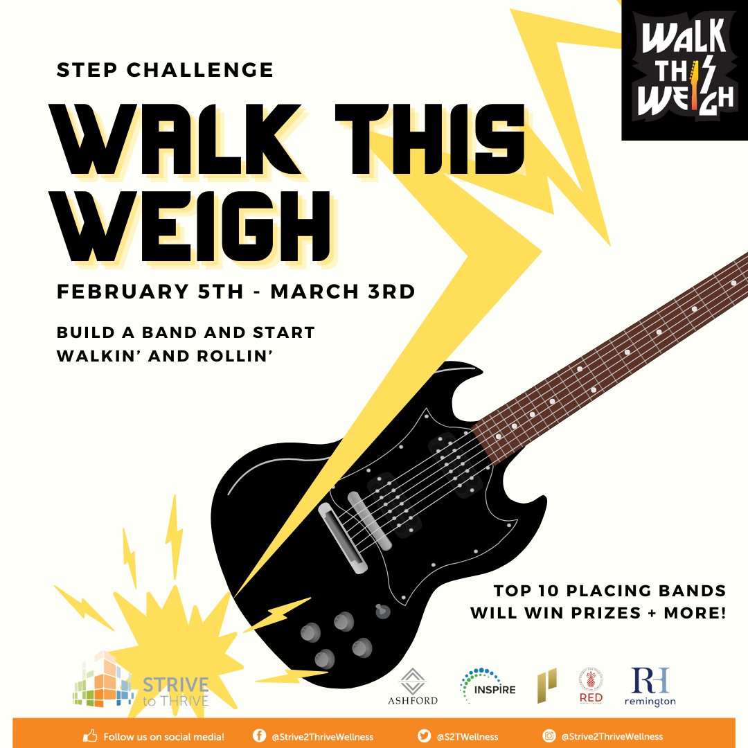 S2TWellness's tweet photo. Don't forget to sign up your band for the WALK THIS WEIGH, step challenge! Sign-up closes February 4th on HealthCheck360! Smells like walking spirit! ⚡️🎸

#StepChallenge #WalkThisWeigh #StriveToThrive https://t.co/ZFZNngqu4r