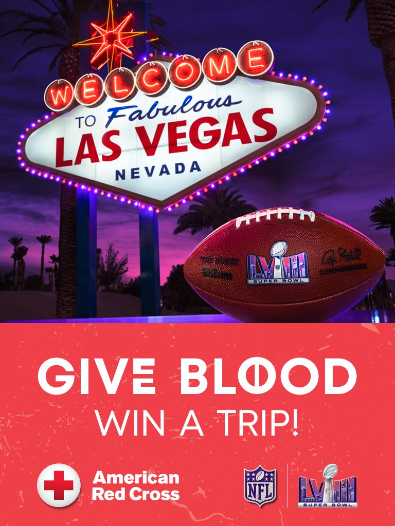 Make a game plan to give blood at @RedCross. In thanks for helping overcome an emergency blood shortage in January, you'll automatically get a chance to score a getaway to #SuperBowl LVIII in Las Vegas! 🏈 Book now at RCBlood.org/3gZzuZ5 ❤️