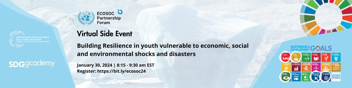 📅 Jan 30, 8:15-9:30 EST 🌍 SDSN at the 2024 UN ECOSOC Partnership Forum 🤝 We're partnering with @UNITAR, @UNESCO, @ucddublin, @YCC, CLEANTECH Bulgaria, and @aiidevafrica to discuss building resilience in youth. 🚀 Register here: us02web.zoom.us/webinar/regist… @SDG_Academy