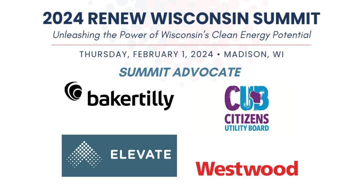 Thank you to Bakertilly, Elevate Energy, Citizens Utility Board, and Westwood PS for being Summit Advocates and sponsoring the #2024RENEWWisconsinSummit! Register now for the Summit and learn more about these great organizations. ☀️ loom.ly/d6nudYk