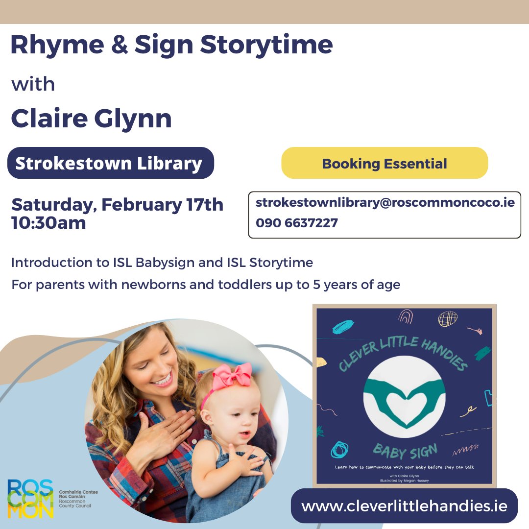 Rhyme &amp; Sign Storytime for parents with children up to 5 years of age!
 
📌 #Strokestown
📆 17th Feb @ 10:30am
 📧strokestownlibrary<a href="/roscommoncoco/">Roscommon County Council</a>.ie

@roscommoncoco <a href="/CleverHandies/">Clever Little Handies</a>