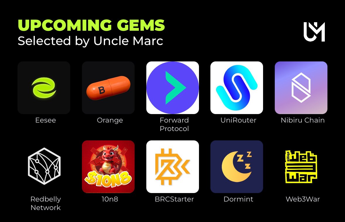 💎Upcoming Gems: Selected by Uncle Marc Eesee: @eesee_io Orange: @OrangeCryptoHQ Forward Protocol: @ForwardProtocol UniRouter: @UniRouterBTC Nibiru Chain: @NibiruChain Redbelly Network: @RedbellyNetwork 10n8: @10n8BRC20 BRCStarter: @BRCStarteroff Dormint: @Dormint_io Web3War: