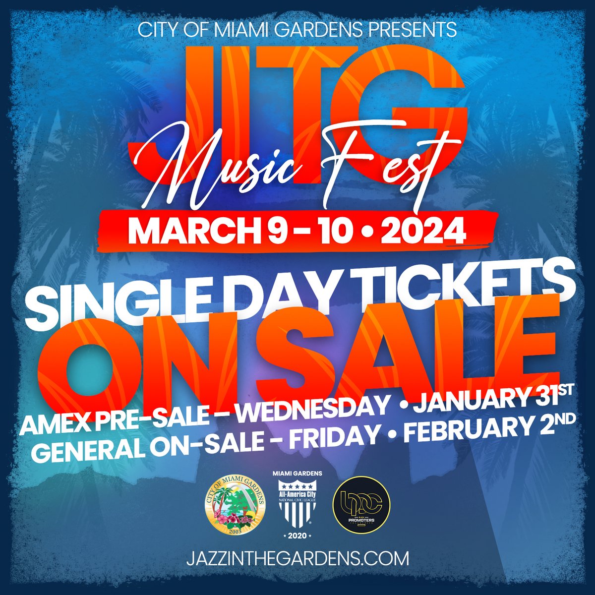 Instagram Caption: 🗓️ Amex holders, get first dibs on Single Day tickets with presale this Wednesday at 10 AM using code 24JITG. For everyone else, the countdown is on - general sale hits Friday at 10 AM! Get ready to join the hottest fest in Miami Gardens! 🎟️✨ #JITG