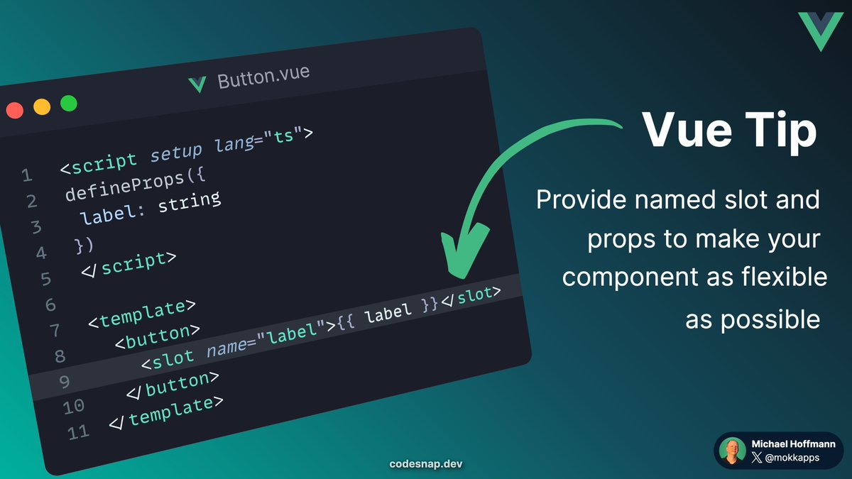 Mokkapps's tweet image. 💡 Vue Quick Tip: Provide named slot and props to make your component as flexible as possible
@vuejs