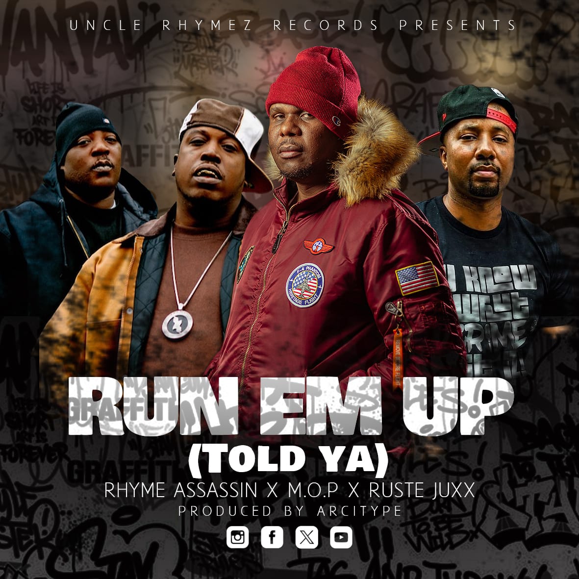 RUN EM UP !!!! (Told ya). The second single off the album drops in February. Date to be confirmed. Album drops in July. 

HIGH POWERED ENERGY. 
Rhyme Assassin feat MOP and Ruste Juxx. 

#RunEmUp #ToldYa #MOP  #rustejuxx #dedicatedtoselfalbum #unclerhymez #streamrhymeapostles