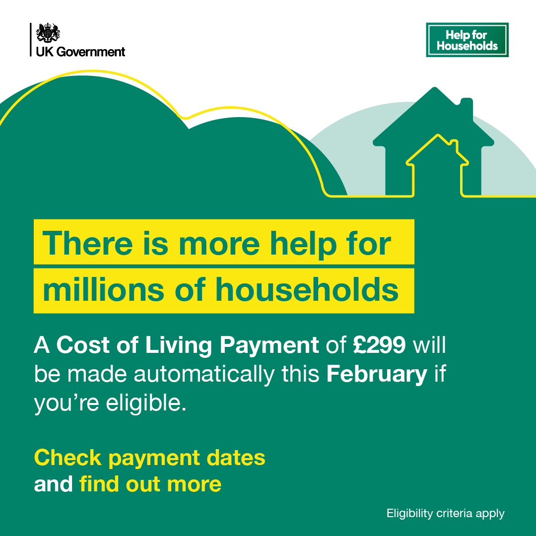 If you claim certain benefits, including tax credits, you could automatically receive an extra £299 #CostOfLivingPayment ow.ly/w1Jp50PUHwp #HelpForHouseholds