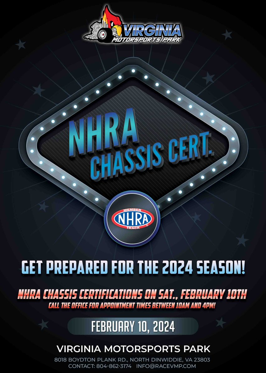 The @NHRA Chassis Certification seminar is now on schedule for Saturday, February 10th, the same date as the last Daily Driver Winter Series event! Call the VMP office at 804-862-3174 during the hours of 10am and 4pm to sign-up.