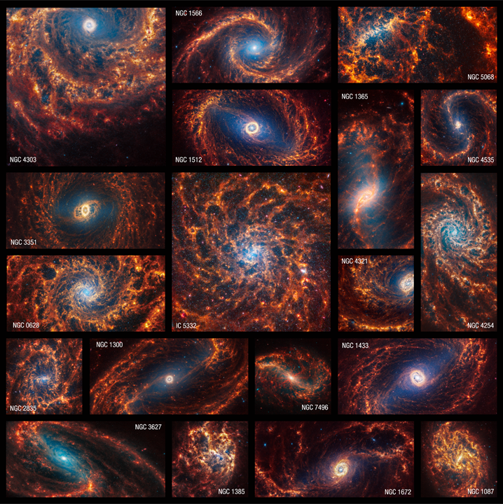 SpaceTelescope's tweet photo. #NASAWebb released 19 high-res images of nearby face-on spiral galaxies in near- and mid-infrared light, revealing spiral arms brimming with stars—and red orbs where still-forming stars are encased in gas and dust. Examine them all: https://t.co/vLBDbxuLqX https://t.co/ToNNCJfLim