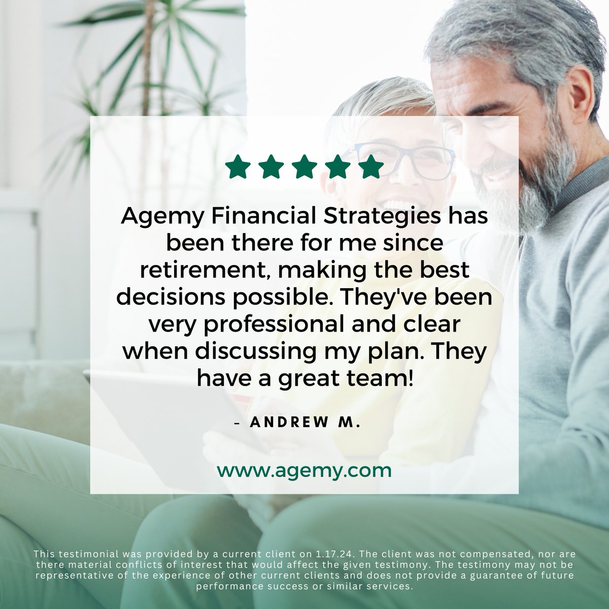 When it comes to preparing for #retirement, having a #financialadvisor you can trust is vital. At #AgemyFinancialStrategies, our mission is to make transitioning to #retirement a seamless process.

Learn how we can help you plan a #worryfreeretirement at agemy.com.
