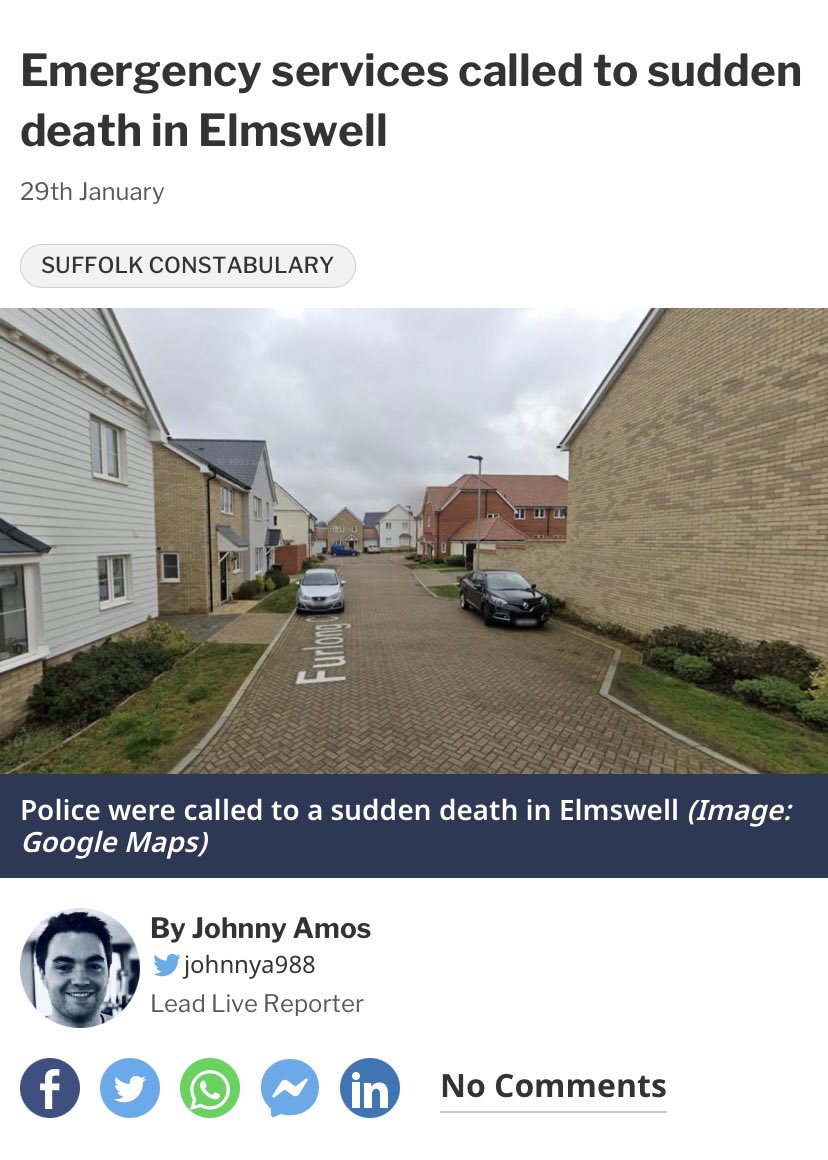 Police were called to Furlong Close in Elmswell, between Bury St Edmunds and Stowmarket, at about 12pm on Sunday. 
A spokesman for Suffolk police said officers were called to reports of a sudden death in the village. 
The death is not being treated as suspicious, the spokesman…