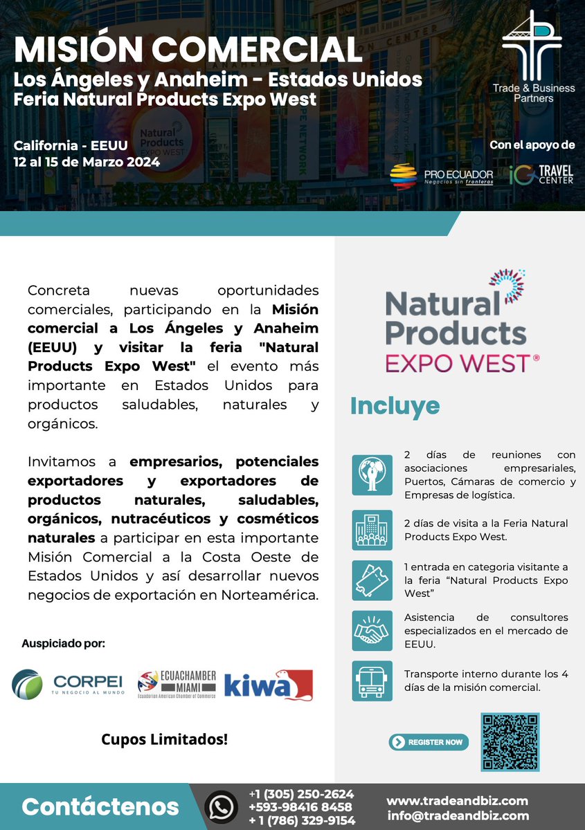 ALERTA! ‼️ Quedan pocos días para registrarte en la Misión comercial a Los Ángeles y visitar la Feria Natural Products Expo West, el evento más importante para productos saludables y orgánicos 🇺🇸 
Del 12 al 15 de MArzo del 2024 
Inscripciones en: docs.google.com/forms/d/e/1FAI…