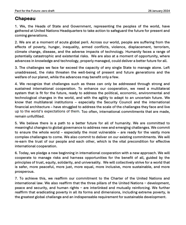 ⚡🆕the Zero Draft of the🇺🇳 𝗣𝗮𝗰𝘁 𝗳𝗼𝗿 𝘁𝗵𝗲 𝗙𝘂𝘁𝘂𝗿𝗲 has been released by 🇩🇪 Germany &amp; 🇳🇦 Namibia (as co-facilitators) for negotiations ahead of the 🇺🇳#SummitOfTheFuture #SotF
ℹ Link to the zero draft and info on the process: un.org/en/summit-of-t…
1/3