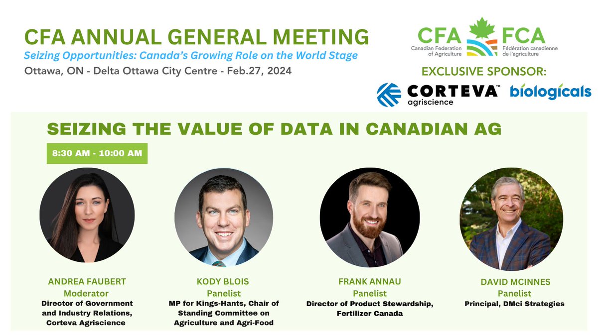 CFAFCA's tweet photo. CFA AGM Early Bird Registration closes on Feb. 2nd!

One of the key AGM Workshops examines Data &amp; AG on Feb. 27th, sponsored by @CortevaCA. 

Be sure to register today at: https://t.co/HoI0pCz8TH

#cdnag  @FertilizerCA @AndreaFaub @DMciStrategies @KodyBloisNS https://t.co/iJG50AYuDi