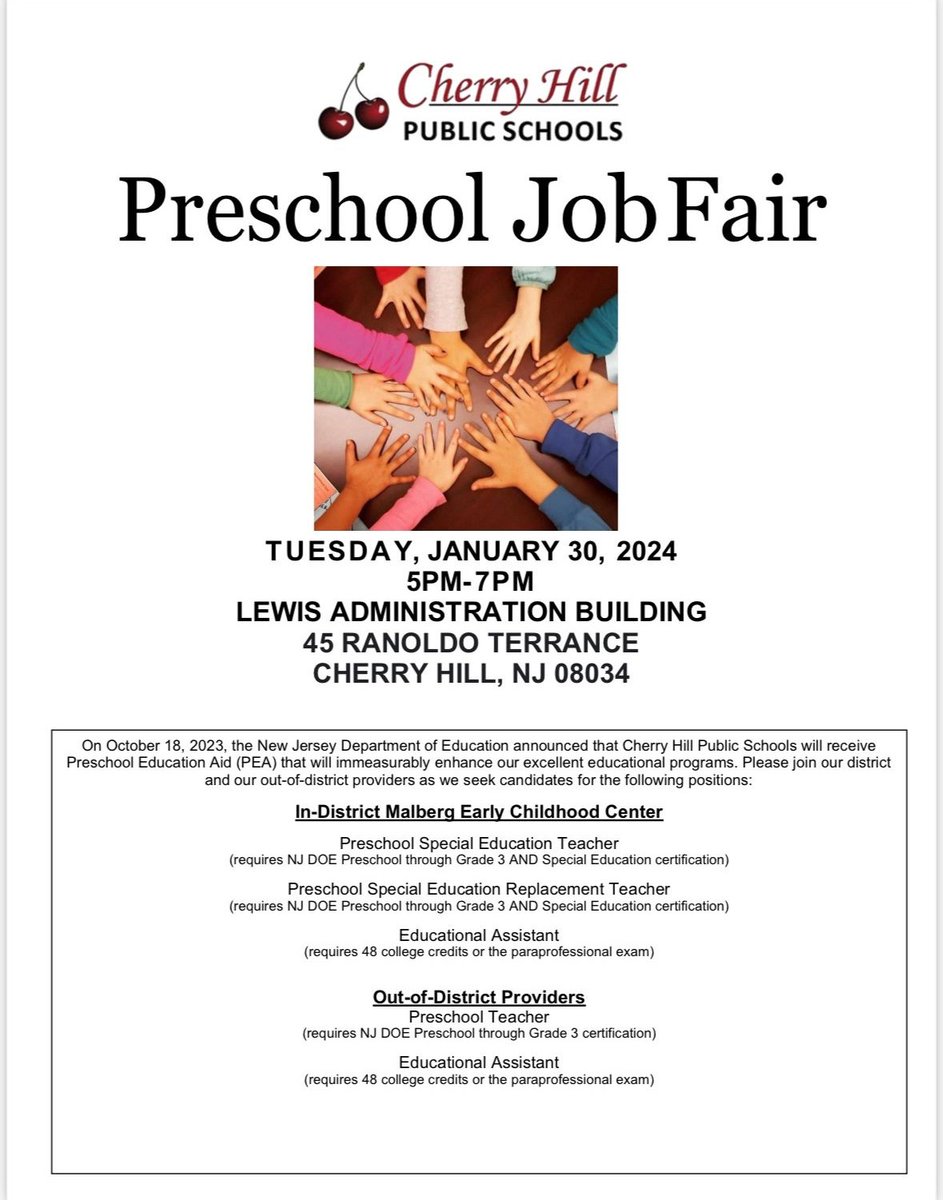 Join us TOMORROW for our Preschool Job Fair to support our preschool expansion within Cherry Hill Public Schools #WeareCHPS 💜❤️ @ChpsTweets @Kcream24