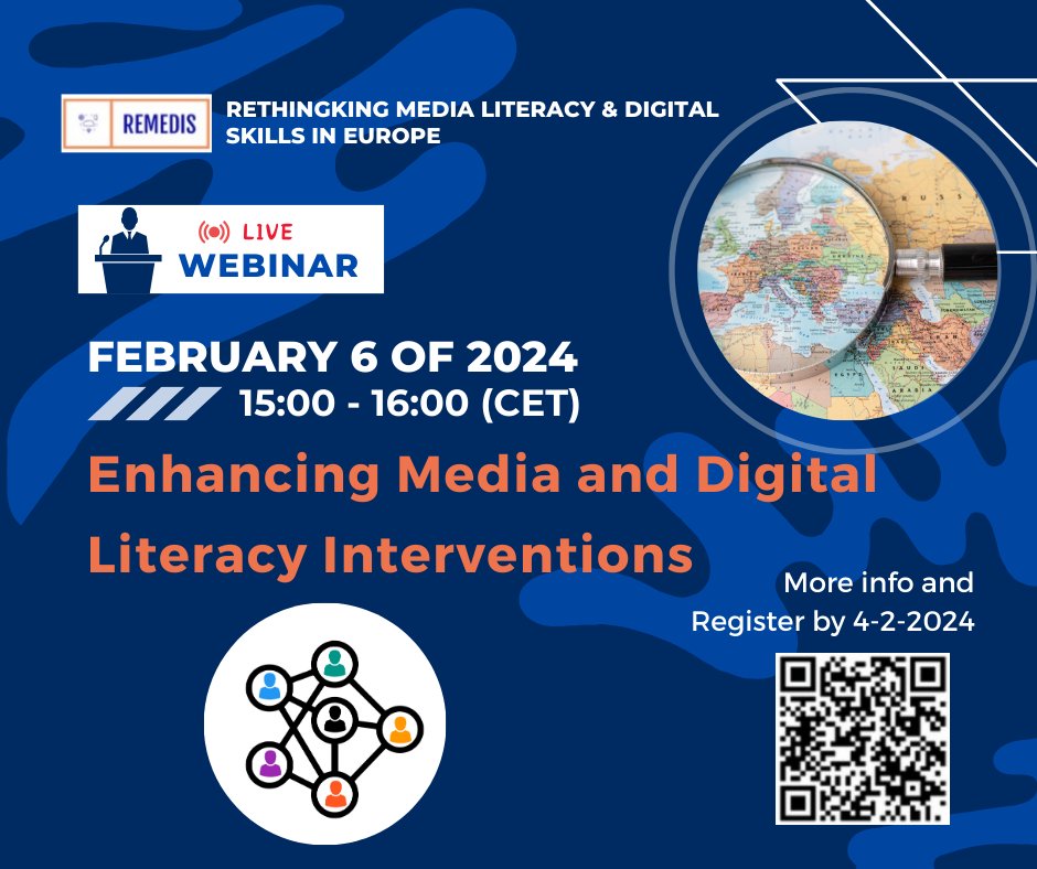 Join us in our first <a href="/REMEDIS_eu/">REMEDIS</a>  webinar! We will present the findings from our evidence review on media literacy and digital skills interventions.  <a href="/MediaLSE/">LSE Media & Communications</a> 
🗓️ February 6th 2024  14 - 15 PM (UK Time) 
💻 Sign up link: link.webropolsurveys.com/S/B00A8F0BF314…