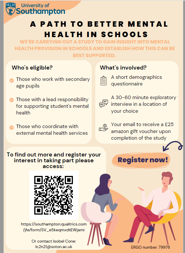 @SUEdPsy (@suedpsy) on Twitter photo Can you help? <a href="/IssyCone/">Isobel Cone</a> is having trouble recruiting for her doctoral thesis and time is running out. She is looking for mental health leads from secondary schools to take part in a 30–60-minute online interview, can be within or outside school hours. Thank you :) Please retweet. Can you help? <a href="/IssyCone/">Isobel Cone</a> is having trouble recruiting for her doctoral thesis and time is running out. She is looking for mental health leads from secondary schools to take part in a 30–60-minute online interview, can be within or outside school hours. Thank you :) Please retweet.
