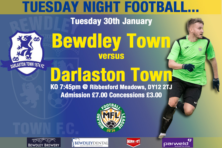 Bewdley face 6th placed Darlaston Town under the lights on Tuesday evening.  Come on down to Ribbesford Meadows and support the lads! <a href="/DarloTown1874FC/">Darlaston Town</a> <a href="/MidlandLeague/">Capelli Sport Midland Football League</a>