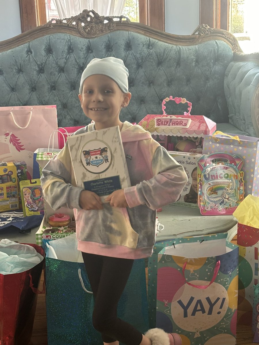 CopsCareForKids's tweet photo. Our newest honoree Charlotte was recently diagnosed w/ Wilms tumor. Charlotte wants to be an artist- she loves painting, pottery, and making slime! She’s a cheerleader for her school &amp; enjoys watching her favorite soccer players Ronaldo &amp; Messi. Thx @NYPD120Pct for joining us! https://t.co/VBWKIIvDcy