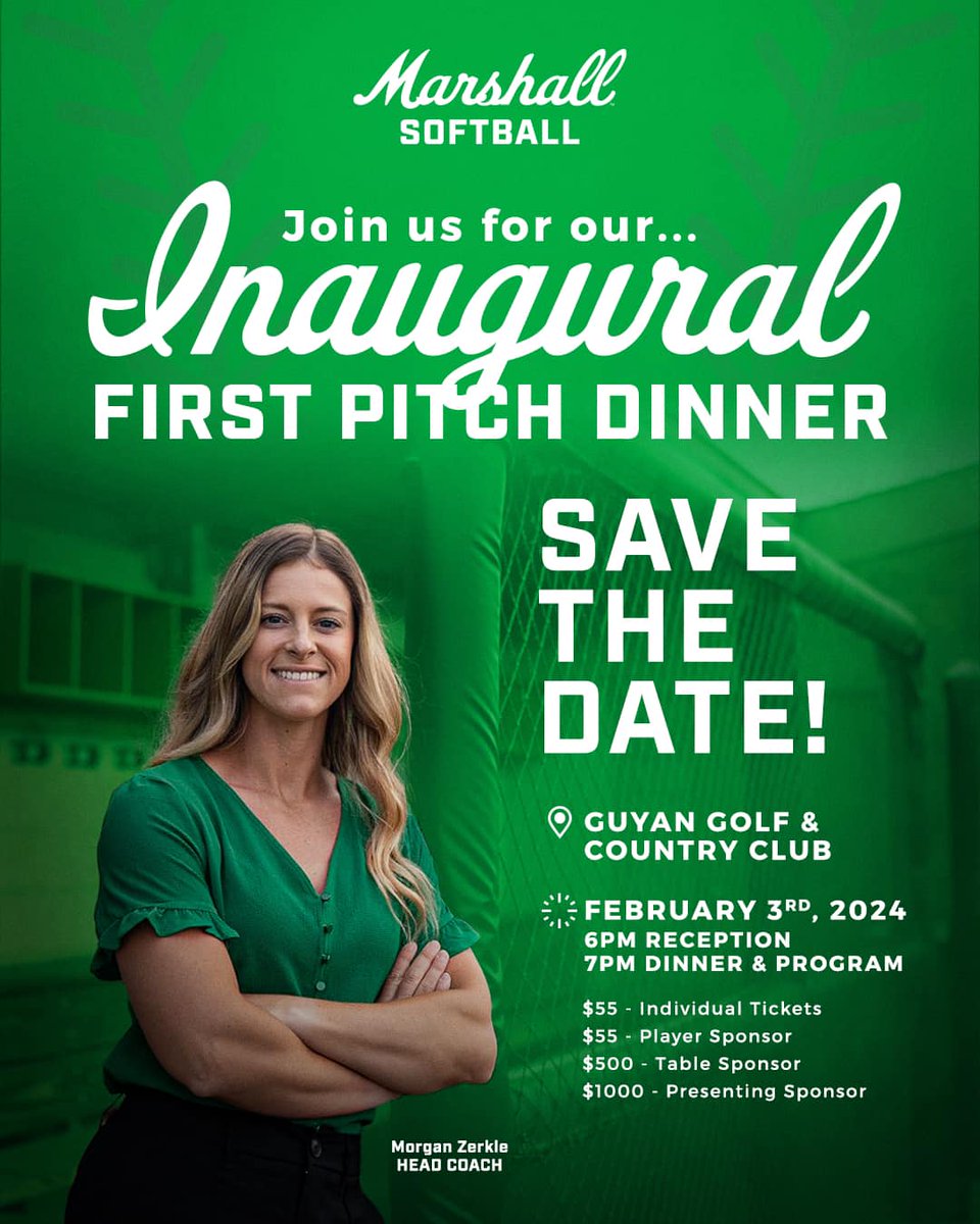 🥎💚THIS SATURDAY!!! Join us for dinner with our softball gals, Head Coach, Morgan Zerkle, and a special keynote speaker: former MU Softball Coach, Shonda Stanton. We are so excited to welcome Shonda back to Huntington! Tickets here: bit.ly/HerdFirstPitch…