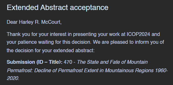 Pleased to announce my abstract was accepted for #ICOP2024 see you in the Yukon in June. @PYRN_official @ipapermafrost