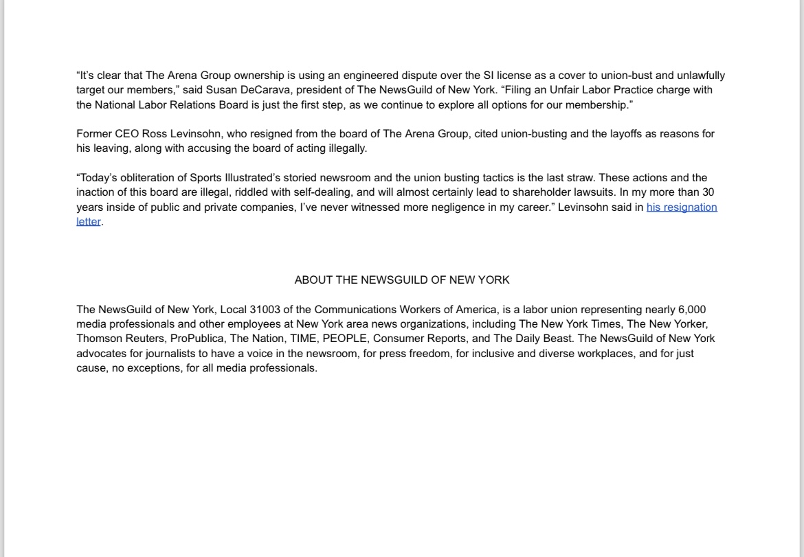 NewsGuild of New York (@nyguild) on Twitter photo LEGAL ACTION: On behalf of <a href="/si_union/">Sports Illustrated Union</a>, we have taken legal action against The Arena Group. Read our release here. nyguild.org/post/breaking-… LEGAL ACTION: On behalf of <a href="/si_union/">Sports Illustrated Union</a>, we have taken legal action against The Arena Group. Read our release here. nyguild.org/post/breaking-…