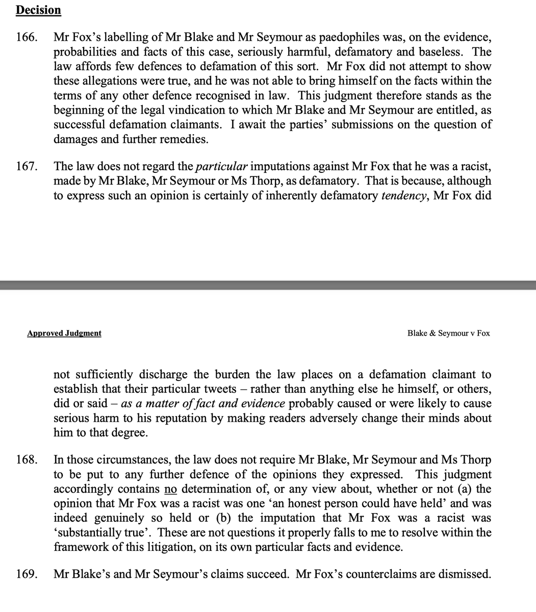 AdamWagner1's tweet photo. Lawrence Fox found to have defamed claimants who he called paedophiles and loses his counterclaim of defamation for being called a racist.

Well done to all involved, and particularly my indomitable roommate Beth Grossman

With a thought also for Heather Rogers KC who very sadly passed away before being able to argue the case at the final hearing

https://t.co/9kCs3fKE5r