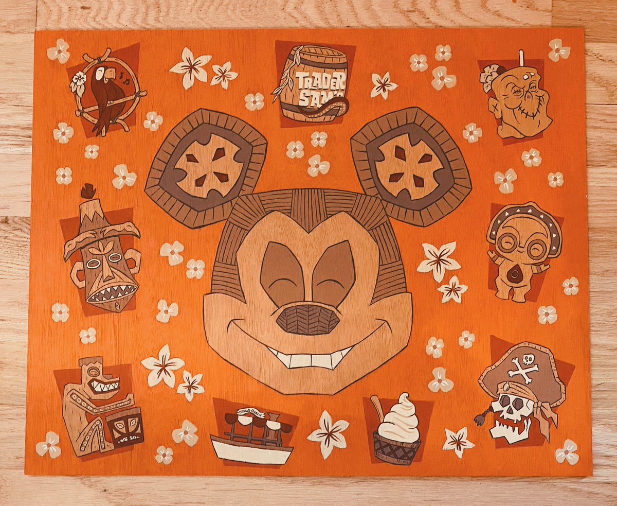 I decided to do a painting for our home inspired by some of our favorite Tiki and Adventureland things about @disneyparks! @disney #disney #disneyart #tiki #pirates #disneyparks #chrisraimo #chrisraimoart #plasticvampireart #fanart #paintings #painting #process #mickey