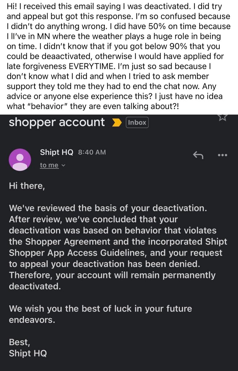 mom4Trump4's tweet image. @Shipt #dobetter #CustomerSatisfaction #stopsupporting @KWitherspo98903 
How can you have your team treat people this way! #badbusiness #shipt #driver #fired I got my deactivated letter so I started researching and it’s a common theme. It’s bad and heartless. #shiptdrivers