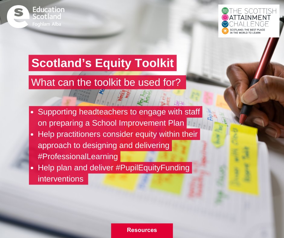 Scotland’s Equity Toolkit is an interactive learning #resource to improve leadership, learning &amp; teaching to support young people, families &amp; communities impacted by poverty.  Find it here 👉 education.gov.scot/resources/scot…

#EducationScotland #ScottishAttainmentChallenge #SAC #equity