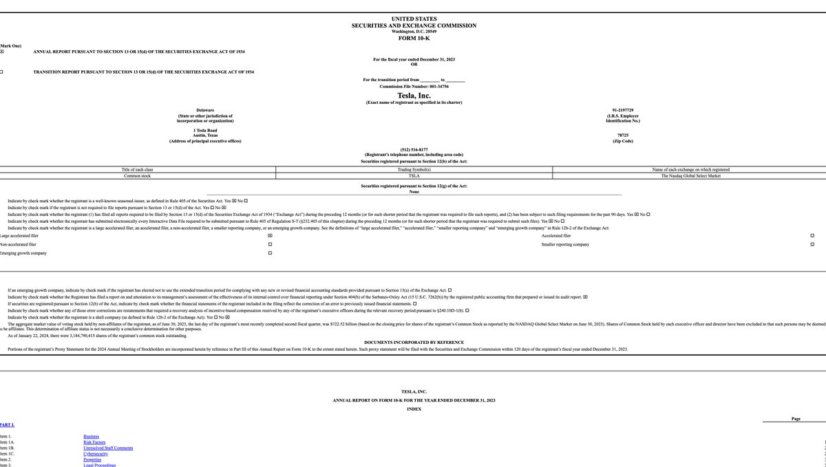 NEWS: Tesla has filed its 10-K report, which means Elon can now do Tesla's all-hands meeting and post it to X. 

Filing: sec.gov/Archives/edgar…
