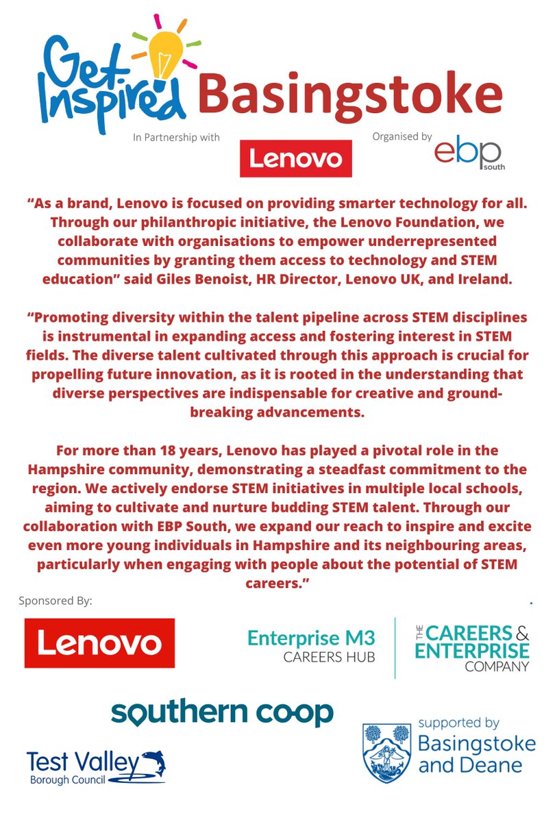 We are pleased to be heading to the Apollo Hotel next week for Get Inspired Basingstoke, in partnership with @Lenovo, on the 6th and 7th February. Thank you to our event partners, and to sponsors @EnterpriseM3, @TheSouthernCoop, @TestValleyBC & @BasingstokeGov. #GetInspired2024