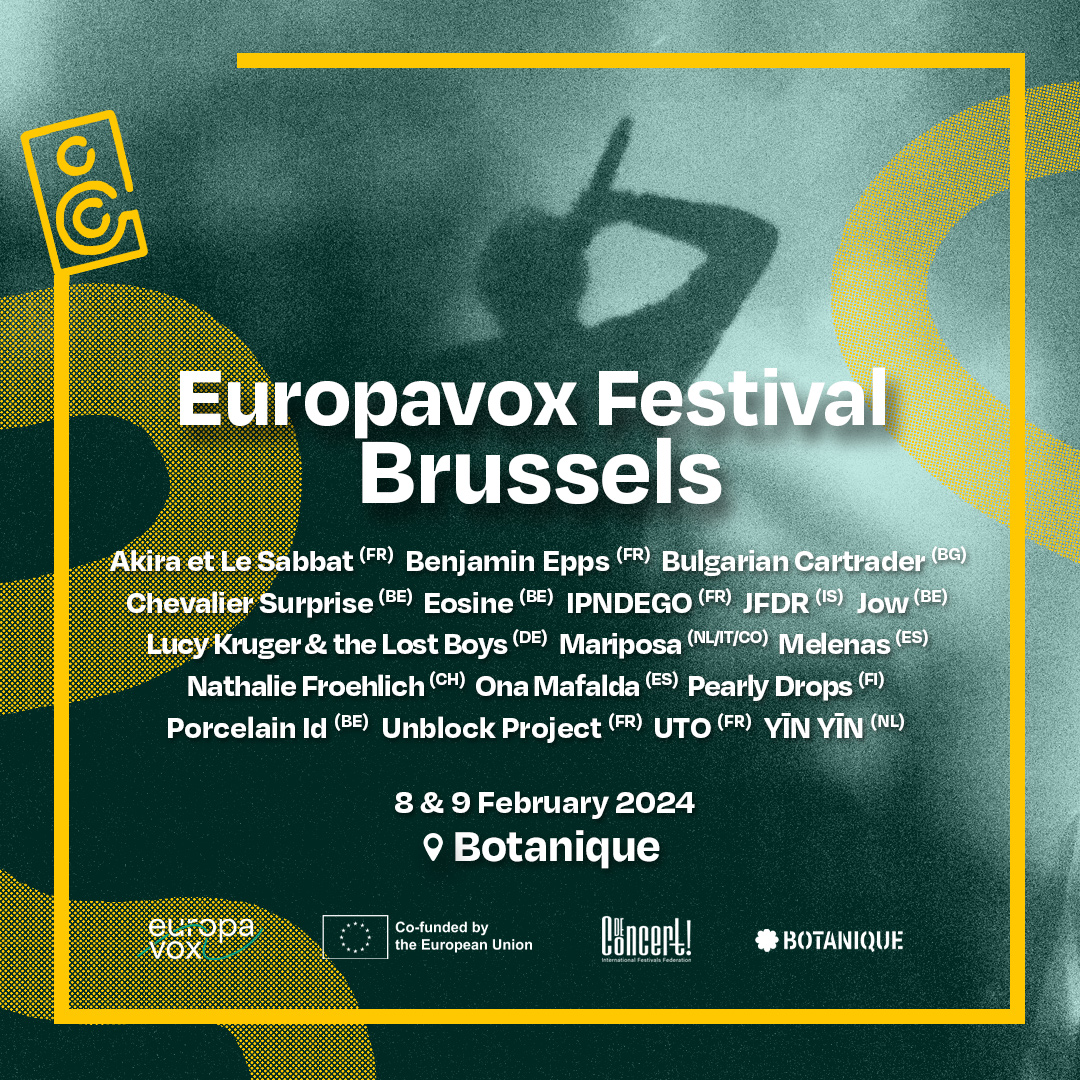 A l'invitation <a href="/FestivalEVX/">Festival Europavox</a> et <a href="/Botanique/">Botanique</a>, De Concert ! a participé à la programmation d'Europavox Bruxelles, avec 5 artistes issus de notre sélection des nouveaux talents à suivre en 2024! Avec Akira &amp; Le Sabbat, Bulgarian Cartrader, Ipndego, Nathalie Froehlich, Unblock Project.