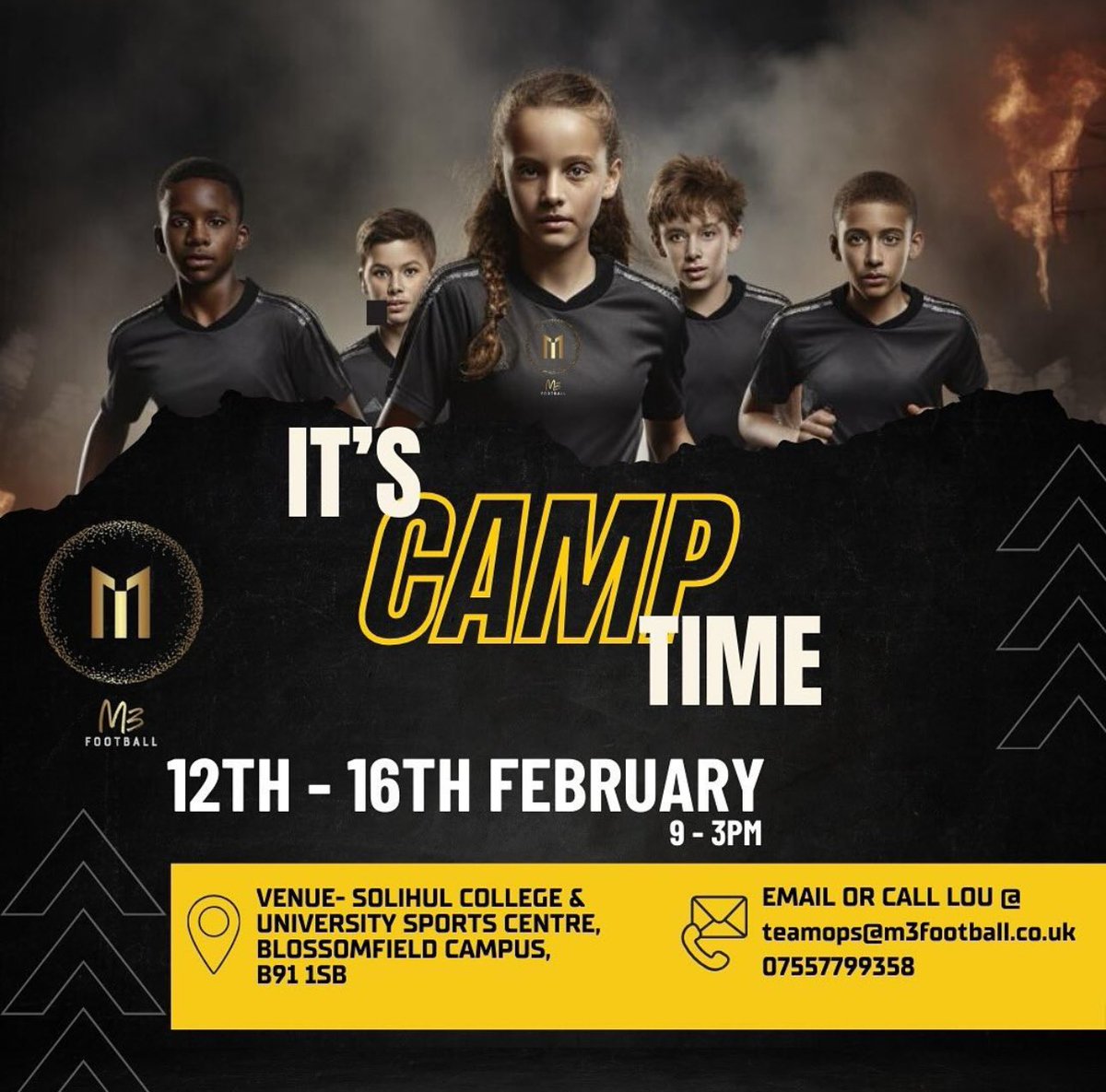 5-Day camp in Birmingham 🤩🤝🏽

Push your skills, make new friends, play small sided games everyday?! Complete the full week to receive an M3 certificate and medal ✨💯

Book your spot today! Just £100 for the full week! 

docs.google.com/forms/d/e/1FAI…