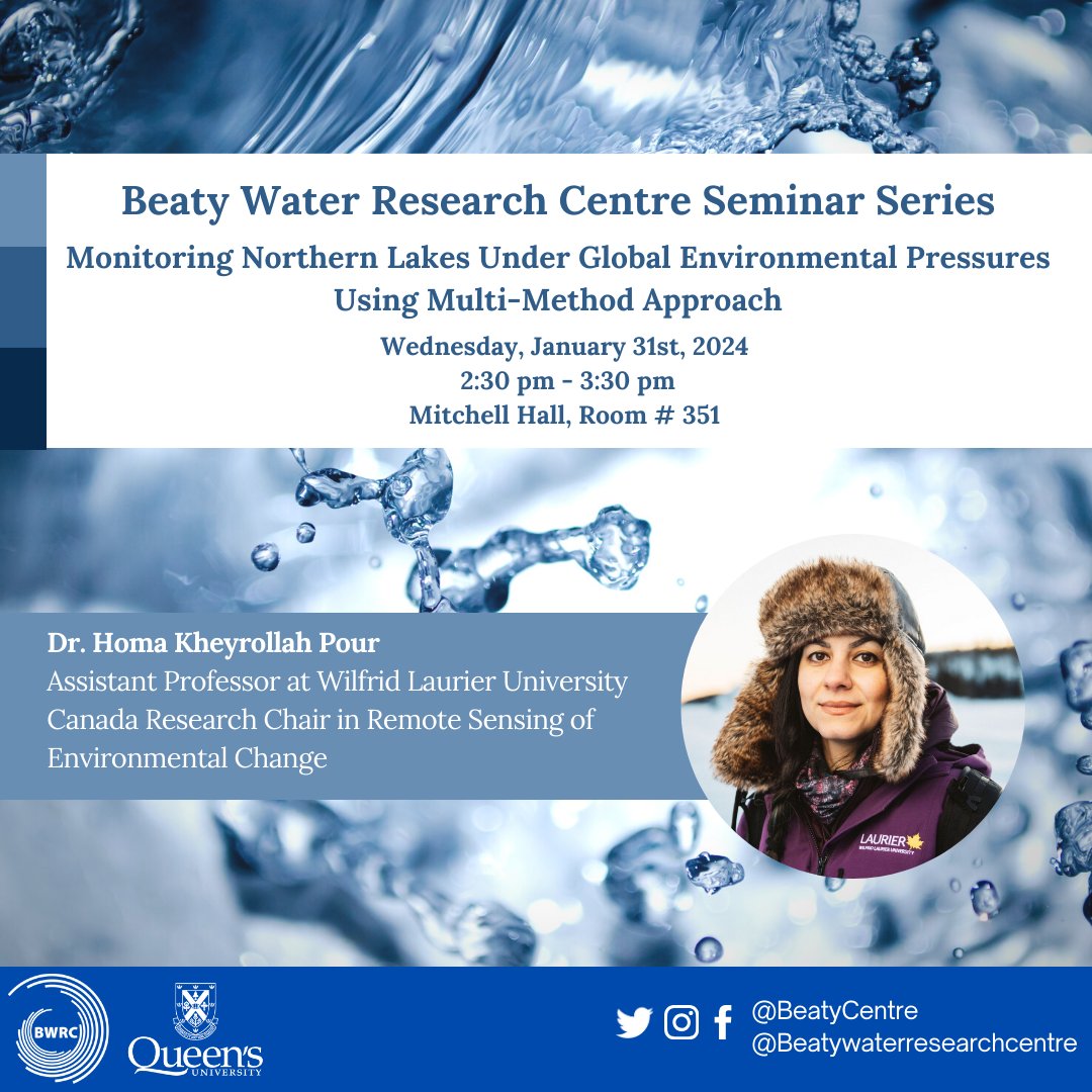 Very excited to have <a href="/HomaKrp/">Dr. Homa Kheyrollah Pour</a> present in the upcoming BWRC seminar!

Please join us this Wednesday, January 31st in BWRC (#351 Mitchell Hall) from 2:30 - 3:30 to learn about the dynamics and evolution of cold regions' lakes in response to changes in climate.