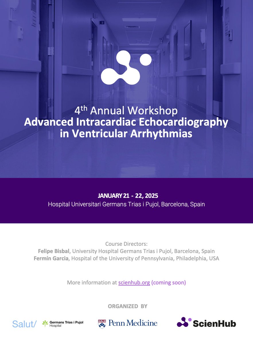 After the great success, we are happy to announce: 📢'4th Annual Workshop on ICE in Ventricular Arrhythmias' in collaboration with @DrFerminGarcia @PennCardiology 🗓️ January 21-22, 2025 Safe the date! #EPeeps @VictorBazanG @rogervilluendas @VDelgadoGarcia @AranyoJulia