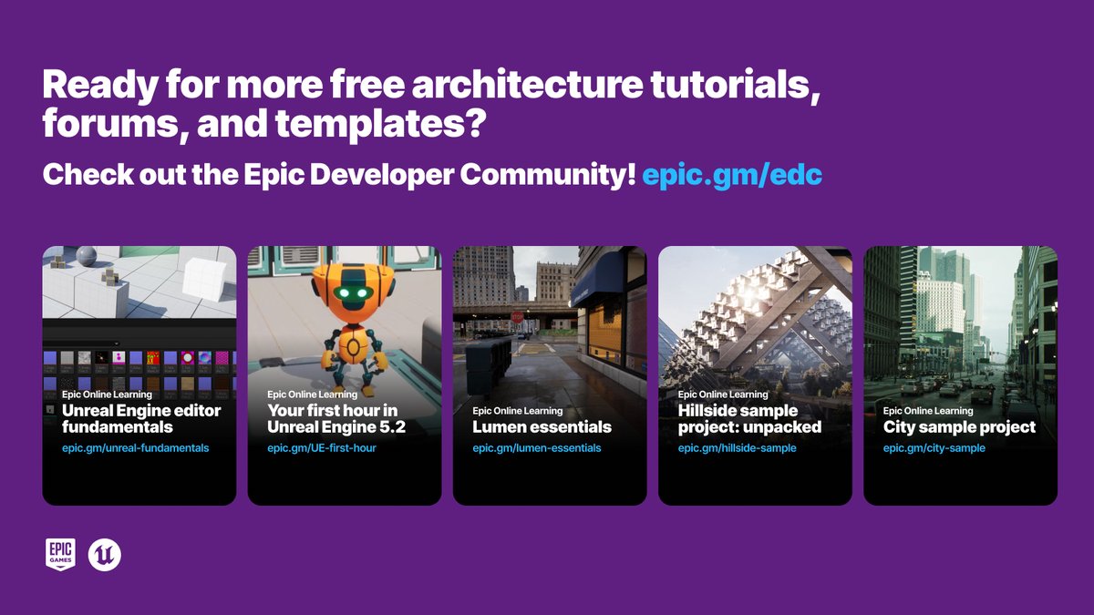 UnrealEngine's tweet image. Looking to take your architectural project to new heights with #UnrealEngine but you’re unsure where to begin? 

Explore our selection of free beginner courses for architecture and kickstart your journey! 🧵