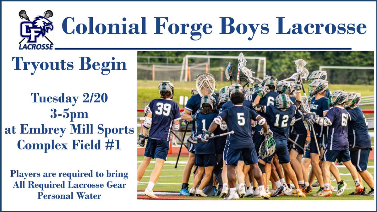 Forge Boys Lax Tryouts:  Tryouts begin Tuesday, 20 February 2024, 3-5 PM @ Embrey Mills Field #1.  Be there!   Ohana!