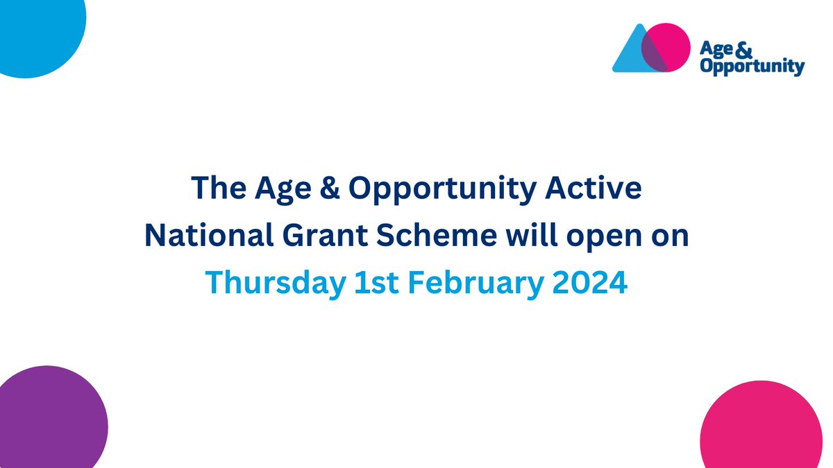 Age_Opp's tweet photo. We are delighted to announce that the Age & Opportunity Active National Grant Scheme will open on Thursday 1st February. Check out our website for information on how you can apply for the grant - https://t.co/zDfP3zlYZf
@sportireland #AgeandOpportunity https://t.co/8Q32SzfnHJ
