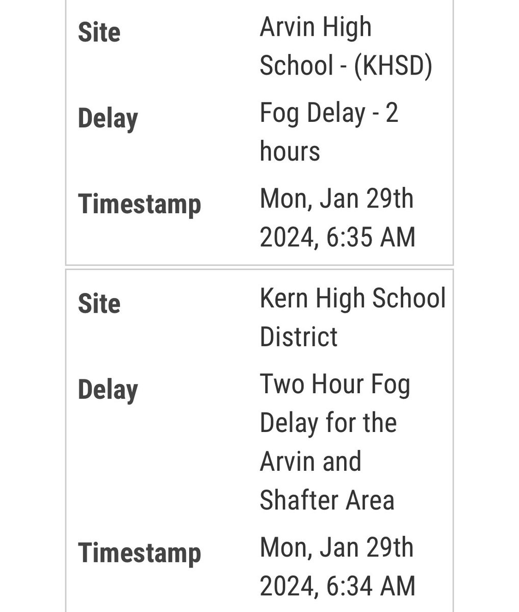 Nueva will be on a 2 hour fog delay.   School will start at 11:24am.