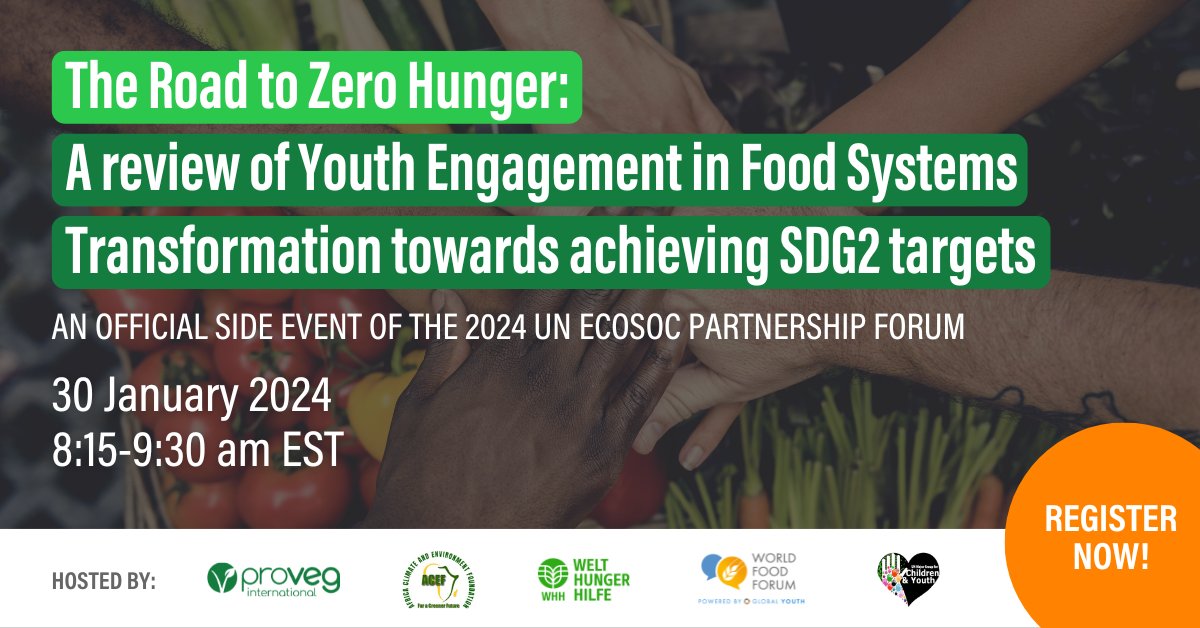 📢 Interesting Discussion! 

At the <a href="/UNECOSOC/">UN ECOSOC President</a> Partnership Forum, join the event reviewing youth engagement in food systems transformation towards achieving SDG 2💪

📅Jan 30 
⏰02:15 PM CET

RVSP👉bit.ly/47M8pNo 

<a href="/Welthungerhilfe/">Welthungerhilfe (WHH)</a>,<a href="/ProVeg_Int/">ProVeg International</a>,<a href="/World_FoodForum/">World Food Forum</a>, <a href="/UNMGCY/">MGCY</a>