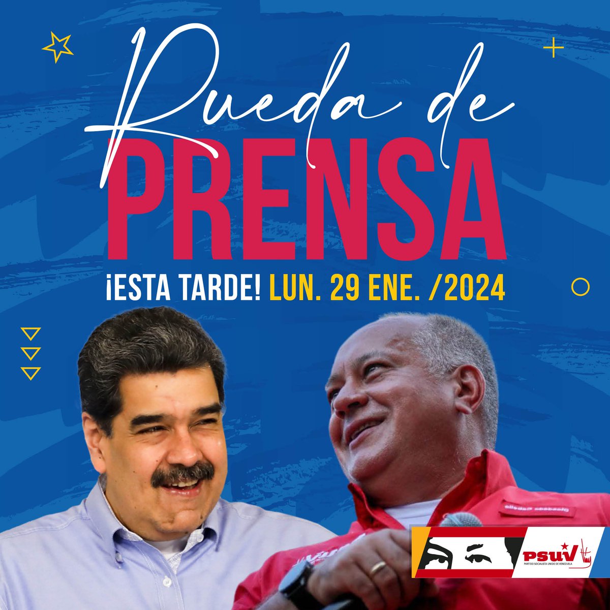 Esta tarde |

Rueda de prensa de la Dirección Nacional del PSUV.

Pendientes de la transmisión en vivo a través de todas las plataformas digitales y de <a href="/VTVcanal8/">VTV CANAL 8</a>. 

<a href="/NicolasMaduro/">Nicolás Maduro</a>
<a href="/dcabellor/">Diosdado Cabello R</a>
#PuebloEstableDePaz