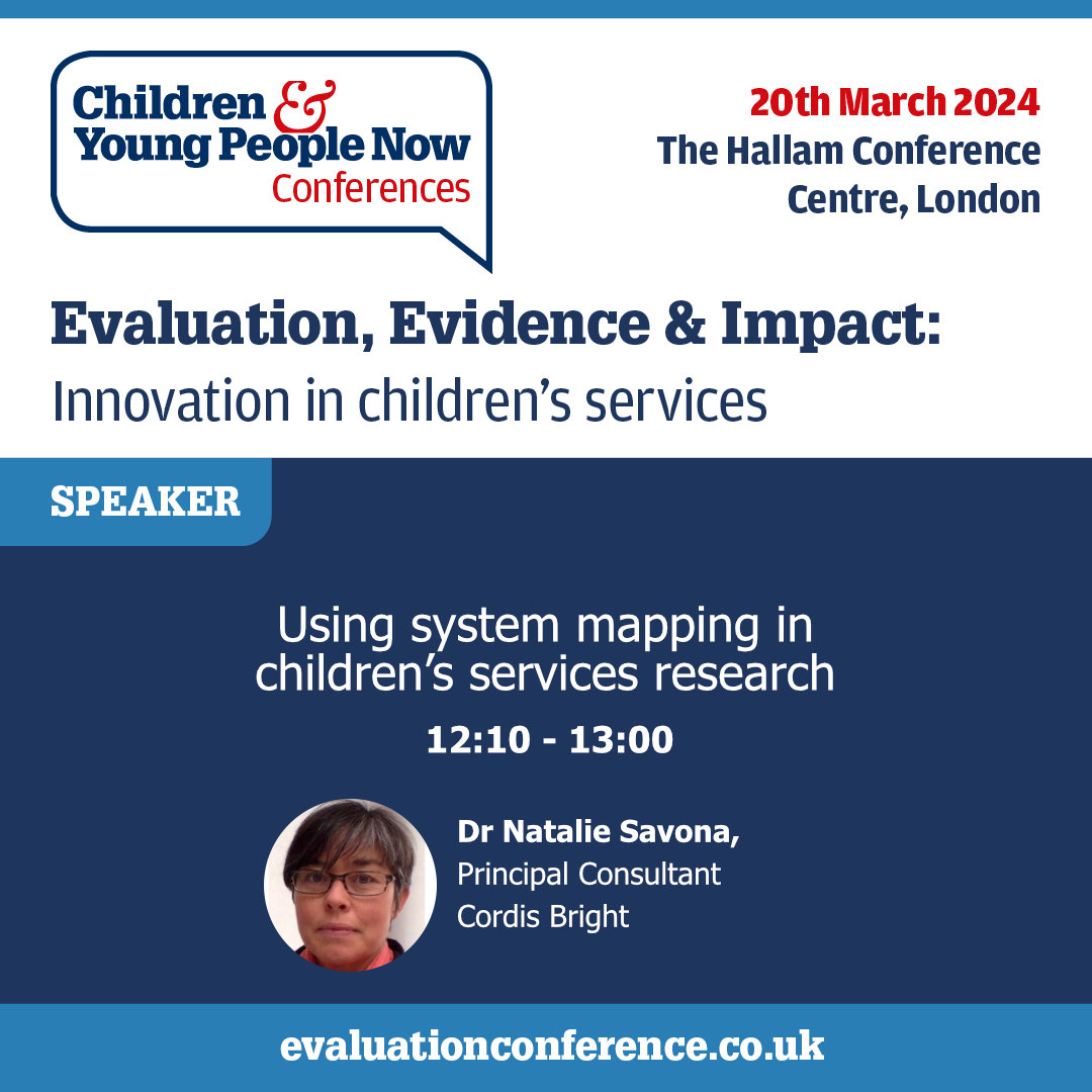 Cordis Bright (@cordisbright) on Twitter photo We're looking forward to participating in the <a href="/cypnow/">Children & Young People Now</a> Evaluation Conference. Join Dr Natalie Savona, Principal Consultant, for her session on using #systemmapping in #childrensservices #research. We're looking forward to participating in the <a href="/cypnow/">Children & Young People Now</a> Evaluation Conference. Join Dr Natalie Savona, Principal Consultant, for her session on using #systemmapping in #childrensservices #research.